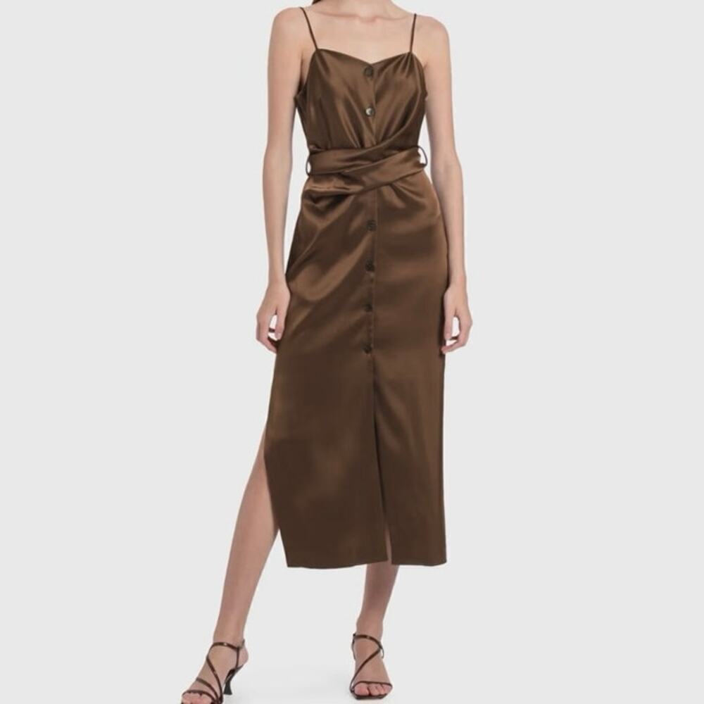 Nanushka Sayan Brown Satin Sleeveless Button Front Midi Dress Medium